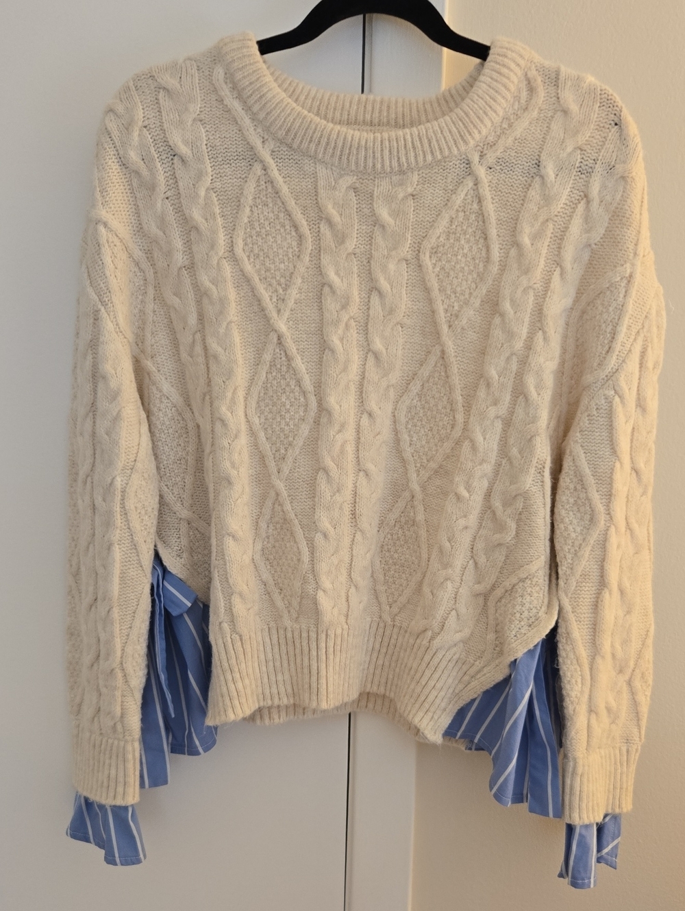 Anthropologie Cream Cable-Knit Crew Sweater with Blue Stripe Shirt Hem
